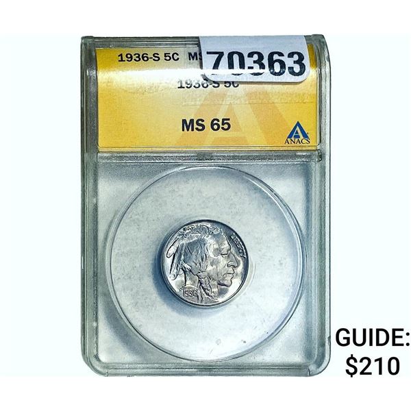 1936-S Buffalo Nickel ANACS MS65
