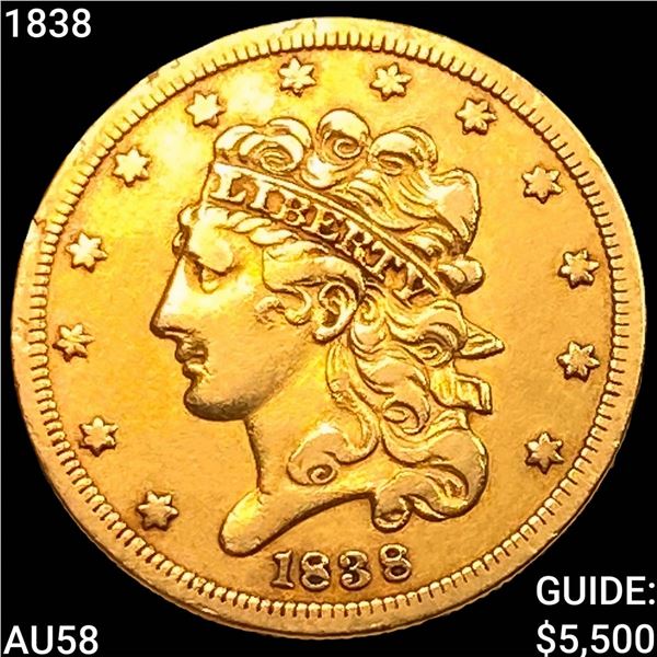 1838 $5 Gold Half Eagle CHOICE AU