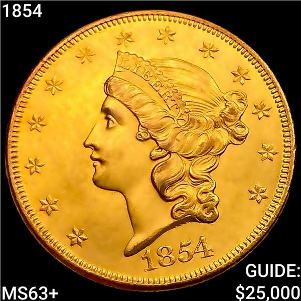 1854 $20 Gold Double Eagle CHOICE BU+