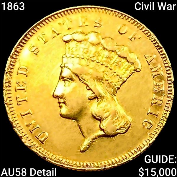 1863 Civil War $3 Gold Piece CHOICE AU