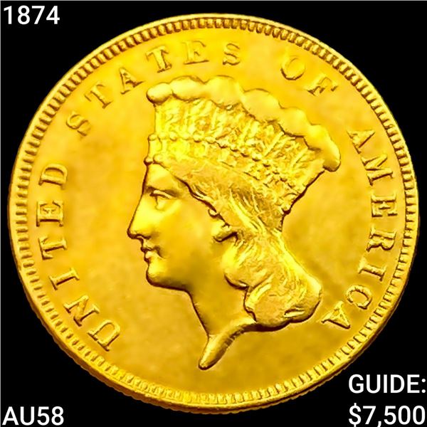 1874 $3 Gold Piece CHOICE AU