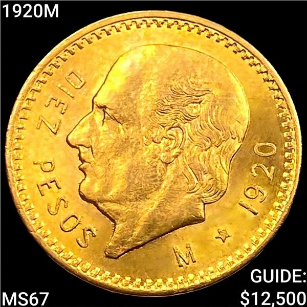 1920M Gold Mexican 10 Peso RARE DATE SUPERB GEM BU