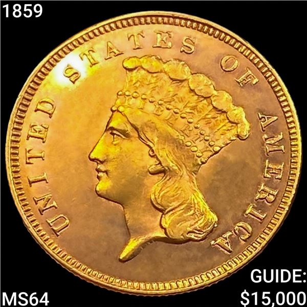 1859 $3 Gold Piece CHOICE BU