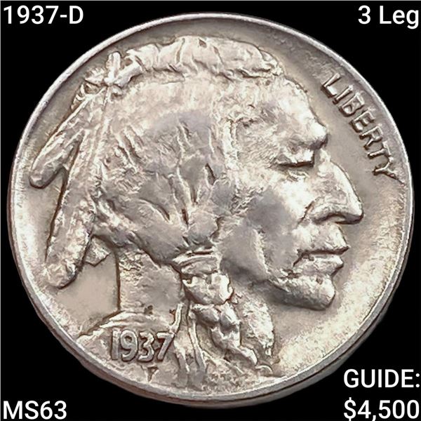 1937-D 3 Leg Buffalo Nickel CHOICE BU