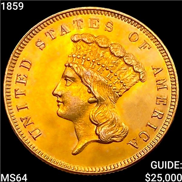 1859 $3 Gold Piece CHOICE BU