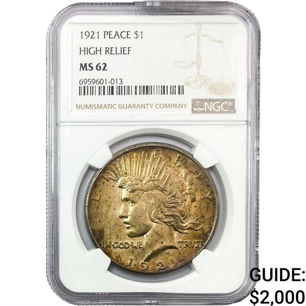 1921 Silver Peace Dollar NGC MS62 High Relief