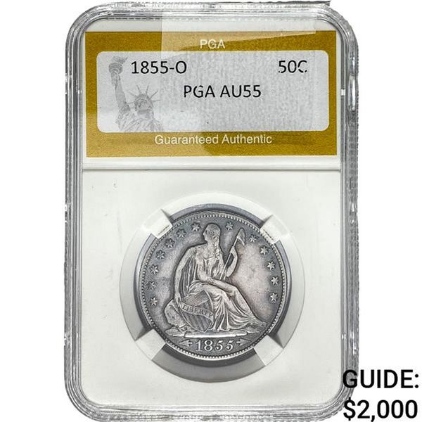1855-O Liberty Seated Half Dollar Arrows PGA AU55