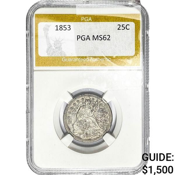 1853 Liberty Seated Quarter Arrows and Rays PGA MS62