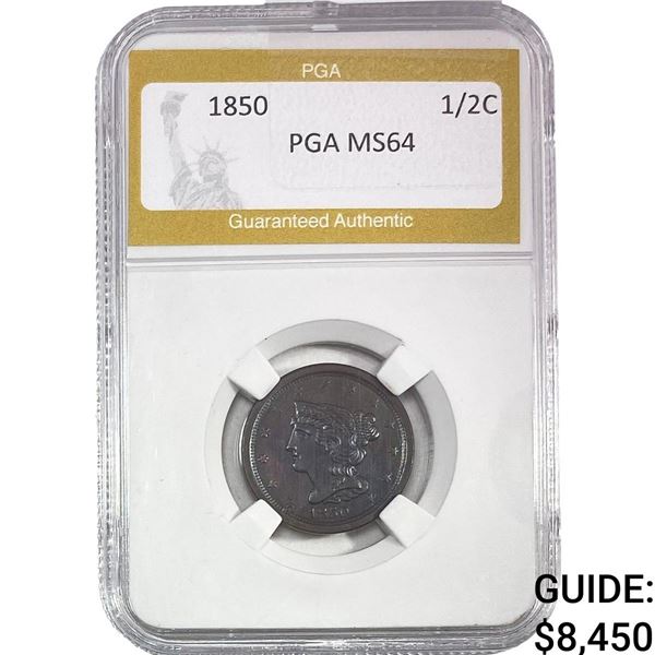 1850 Braided Hair Half Cent PGA MS64