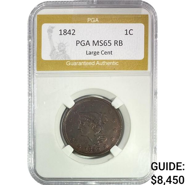 1842 Braided Hair Large Cent PGA MS65 RB