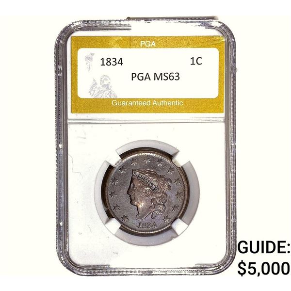 1834 Coronet Head Large Cent PGA MS63