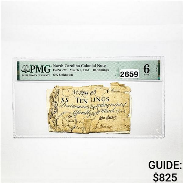 1754 10 Shillings NC Colonial Note PMG 6 G