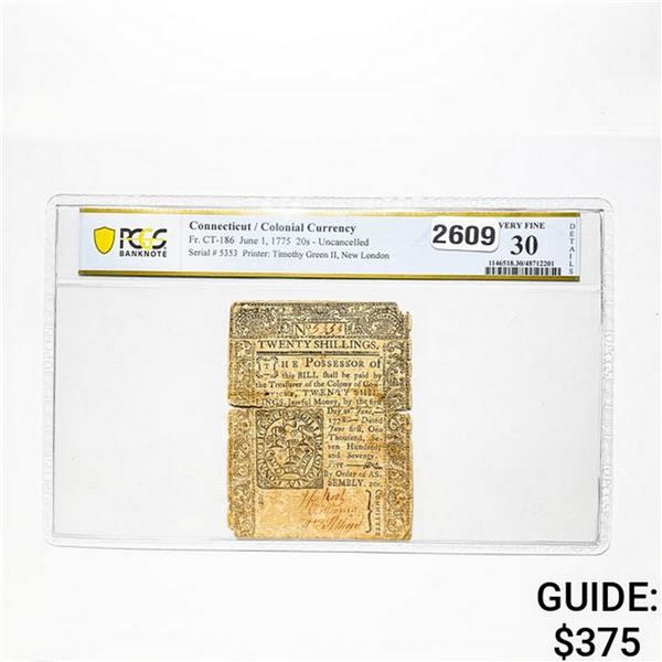 1775 20 S CT Colonial Currency PCGS VF 30