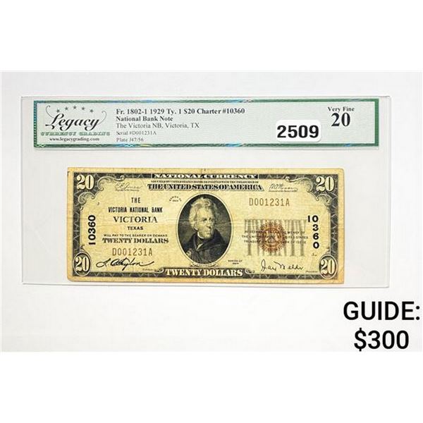 1929 $20 U.S. Nat. Bank Note-Victoria,TX LCG VF 20