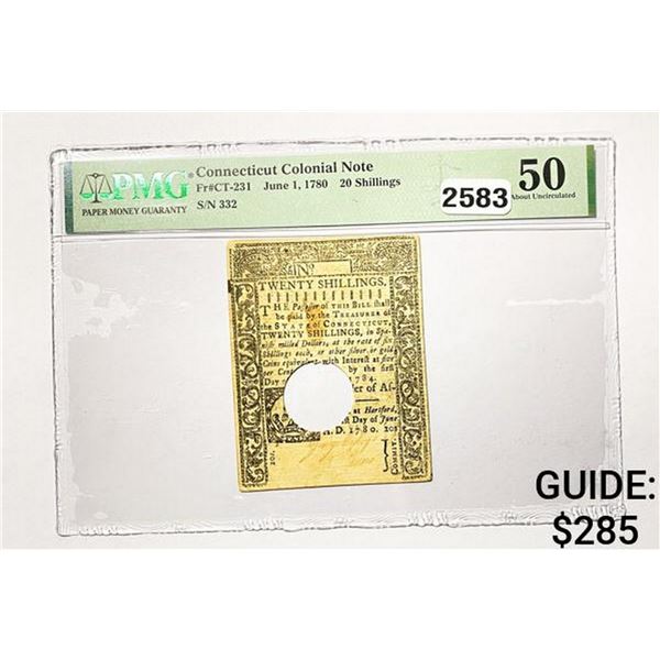 1780 20 Shillings CT Col. Note PMG 50 UNC
