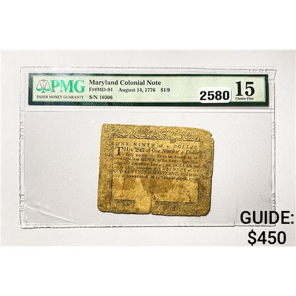 1776 $1/9 Maryland Colonial Note PMG F 15