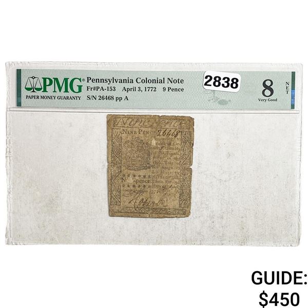 1772 9 Pence Penn. Colonial Note PMG VG 8