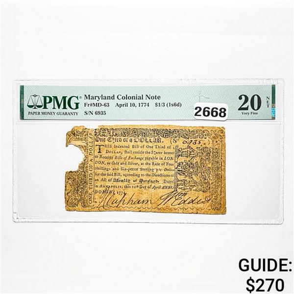 1774 $1/3 Maryland Colonial Note PMG VF 20