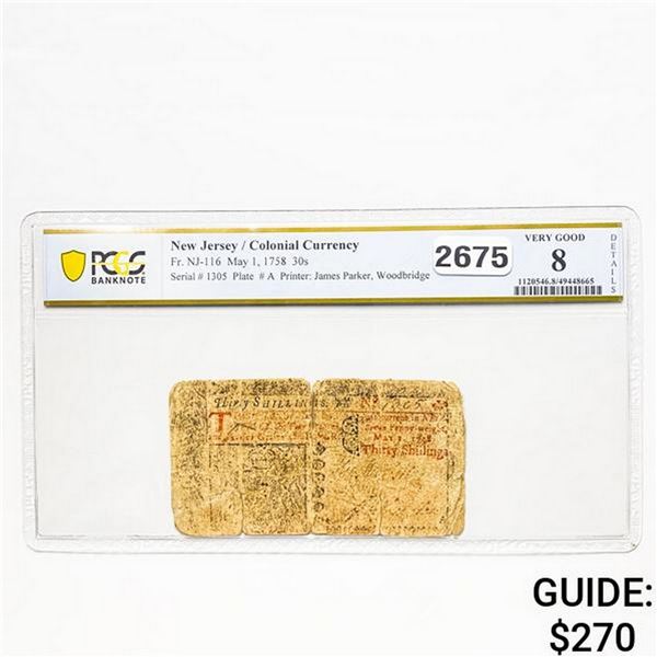 1758 30S NJ Colonial Currency PCGS VG 8