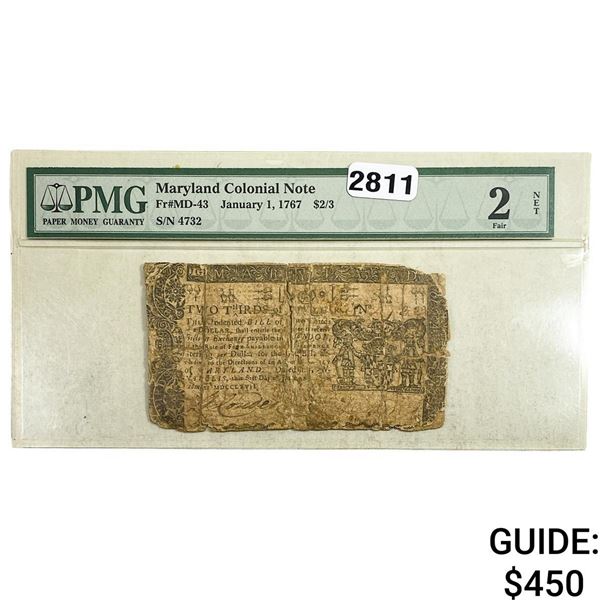 1767 $2/3 Maryland Colonial Note PMG 2 Fair