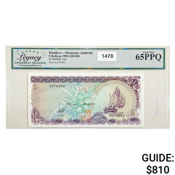 1983  Maldives 5 Rufiyaa Currency Legacy 65 PPQ