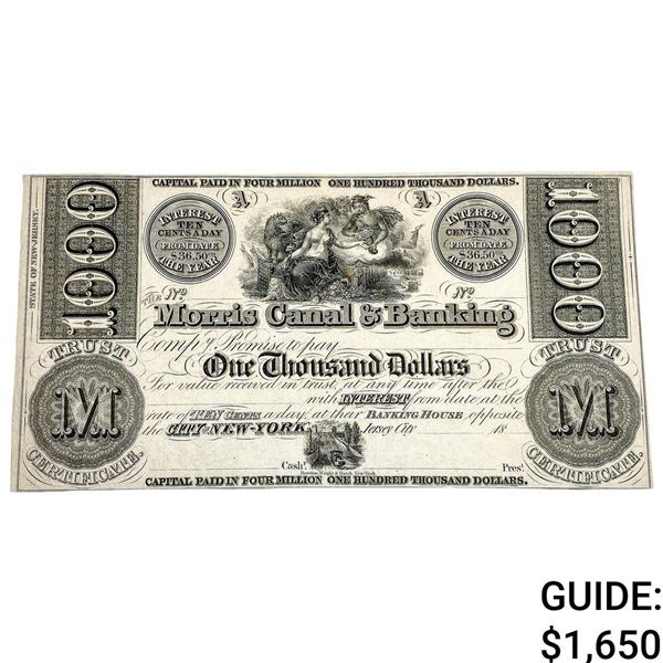 1800's $1000 Morris Canal&Banking Trust Certif.-NJ