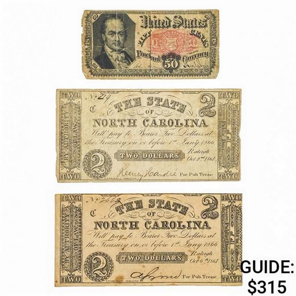 [3] 1861&1875 50C,$2 Lot of U.S. Currency