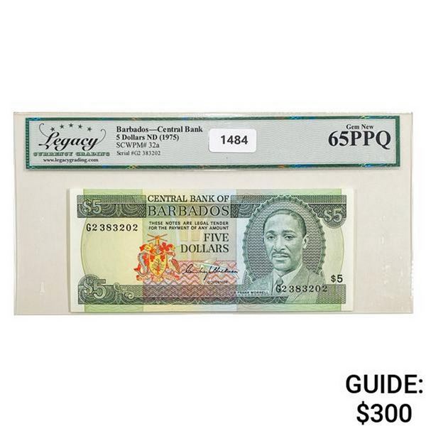 1975  Barbados $5 Central Bank Currency Legacy