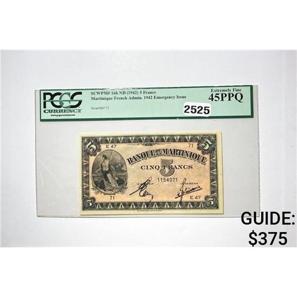 1942 5 Francs Martinique-Emer. Issue PCGS 45 PPQ