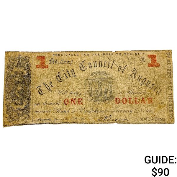 1861 $1 City Council of Augusta Confederate Note 2