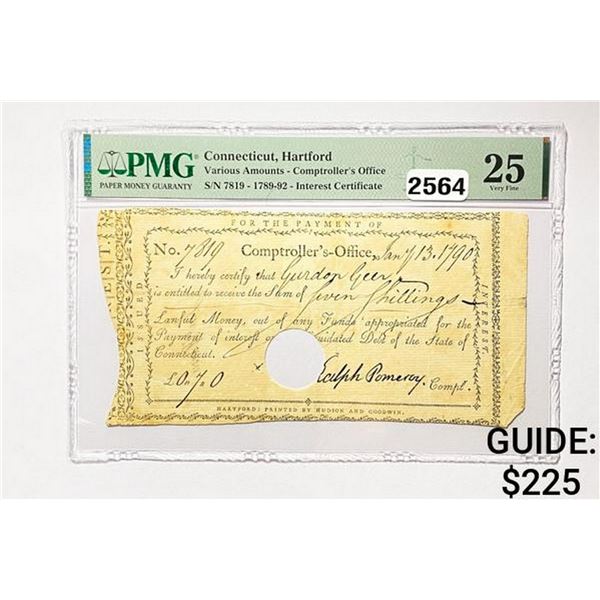 1789-92 Vari. Amounts Interest Certificate- CT PMG FV 25