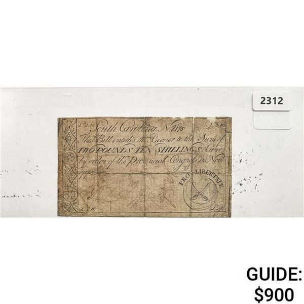 1775 2 Pounds 10 Shillings South Carolina Bill