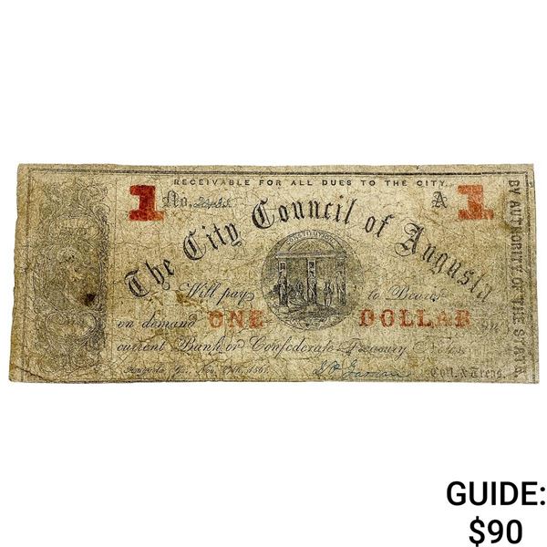 1861 $1 City Council of Augusta Confederate Note 4