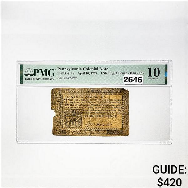 1777 1S, 6P Pennsylvania Colonial Note PMG 10 VG