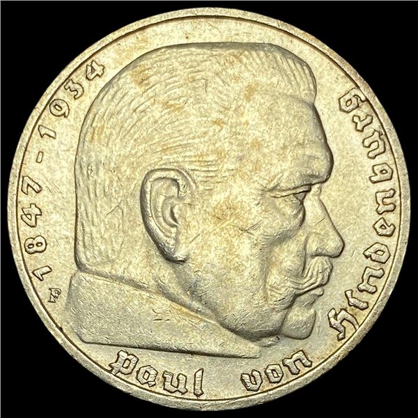 1936-F Germany Silver 5 Reichsmark CLOSELY UNCIRCULATED
