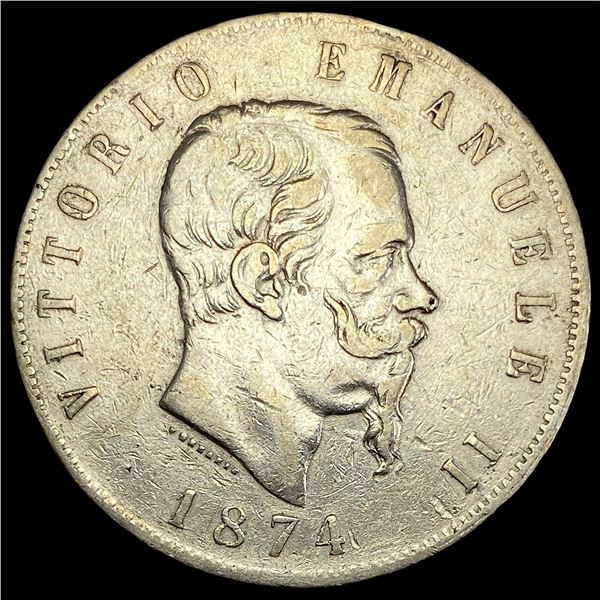 1874 Italy Silver 5 Lira NEARLY UNCIRCULATED