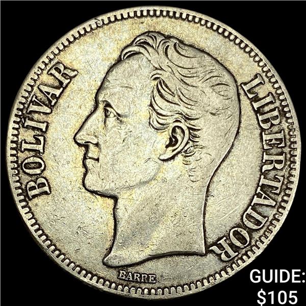 1929 Venezuela SIlver 5 Bolivares NEARLY UNCIRCULATED