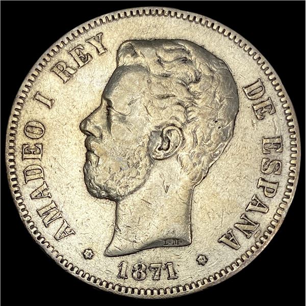1871 Spain Silver 5 Pesetas CLOSELY UNCIRCULATED