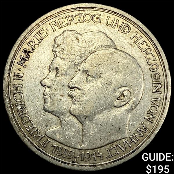 1914-A Germany Silver 3 Reichsmark CLOSELY UNCIRCULATED