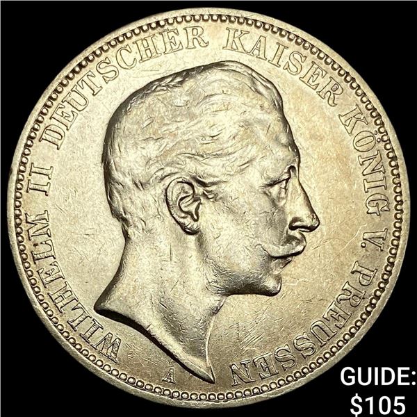 1910-A Prussia Silver 3 Reichsmark CLOSELY UNCIRCULATED