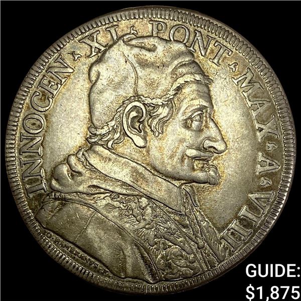 1676-1689 Italy Innocent XI Silver Piastra CHOICE AU