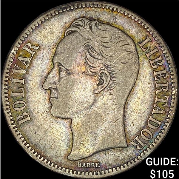 1936 Venezuela Silver 5 Bolivares NEARLY UNCIRCULATED