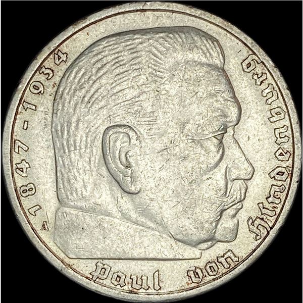 1938-A Germany Silver 5 Reichsmark CLOSELY UNCIRCULATED