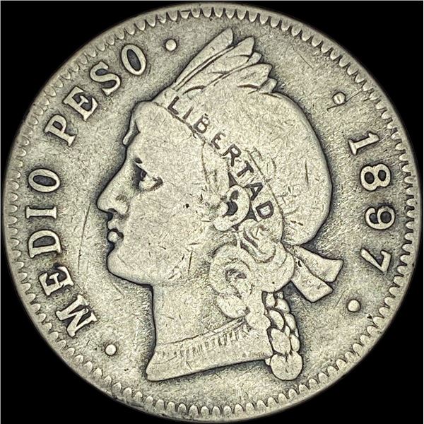 1897 Dominican Republic Silver 1/2 Peso ABOUT UNCIRCULATED
