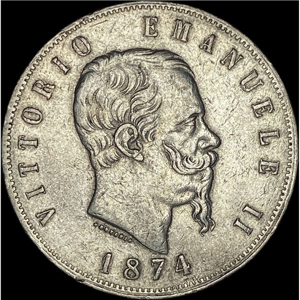 1874 Italy Silver 5 Lira NEARLY UNCIRCULATED