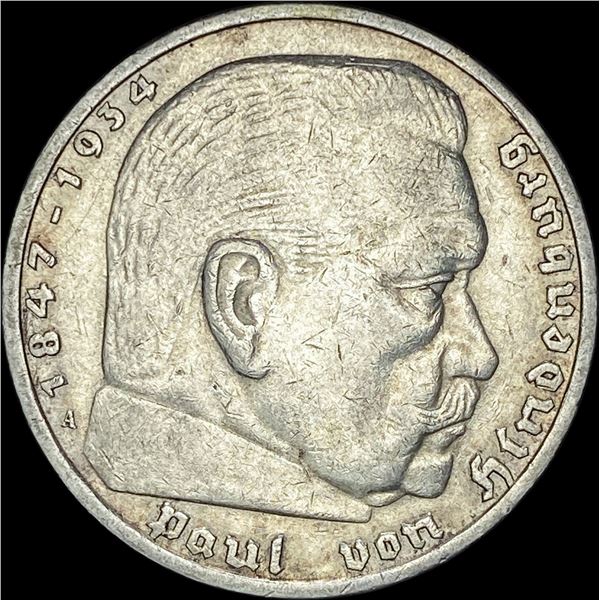 1936-A Germany Silver 5 Reichsmark CLOSELY UNCIRCULATED