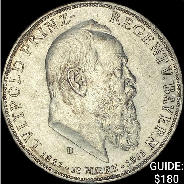 1911-D German Bavaria Silver 5 Mark UNCIRCULATED