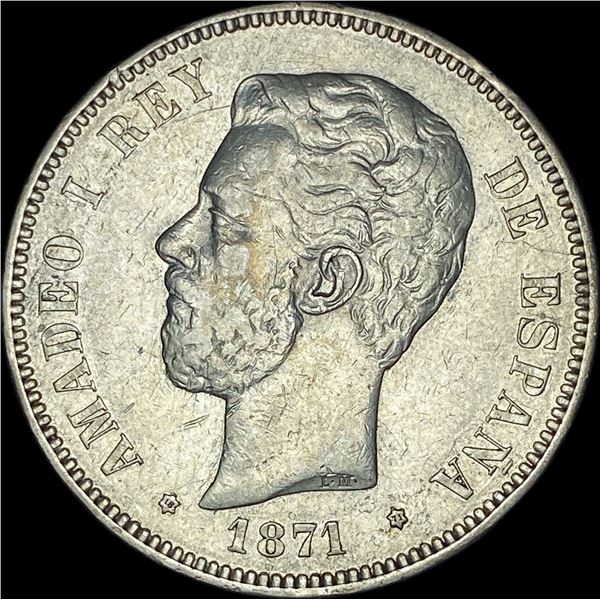 1871 Spain Silver 5 Pesetas NEARLY UNCIRCULATED