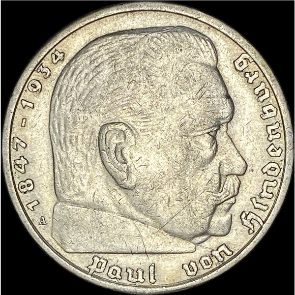 1936-A Germany Silver 5 Reichsmark CLOSELY UNCIRCULATED
