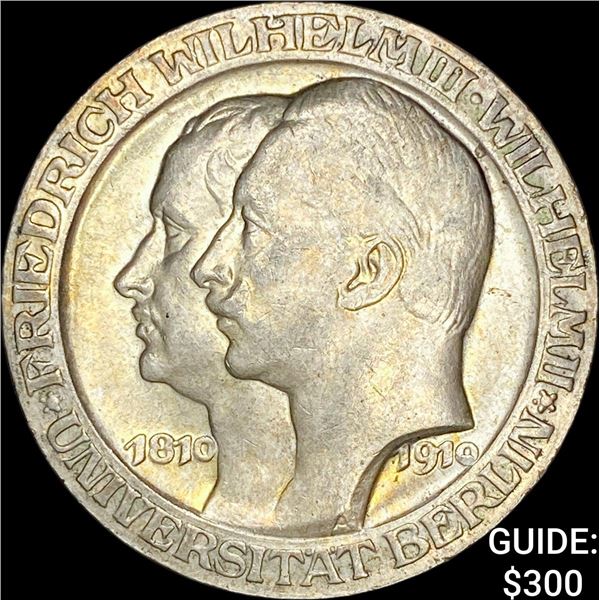 1910 German Prussia Silver 3 Mark UNCIRCULATED